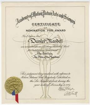 Daniel Mandell’s Academy Award Nomination Certificate for “Pride of the Yankees”